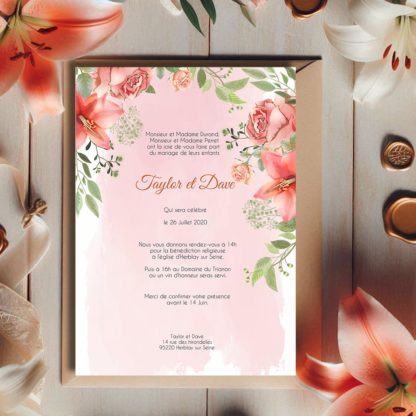 Faire-part de mariage - Floral rose aquarelle