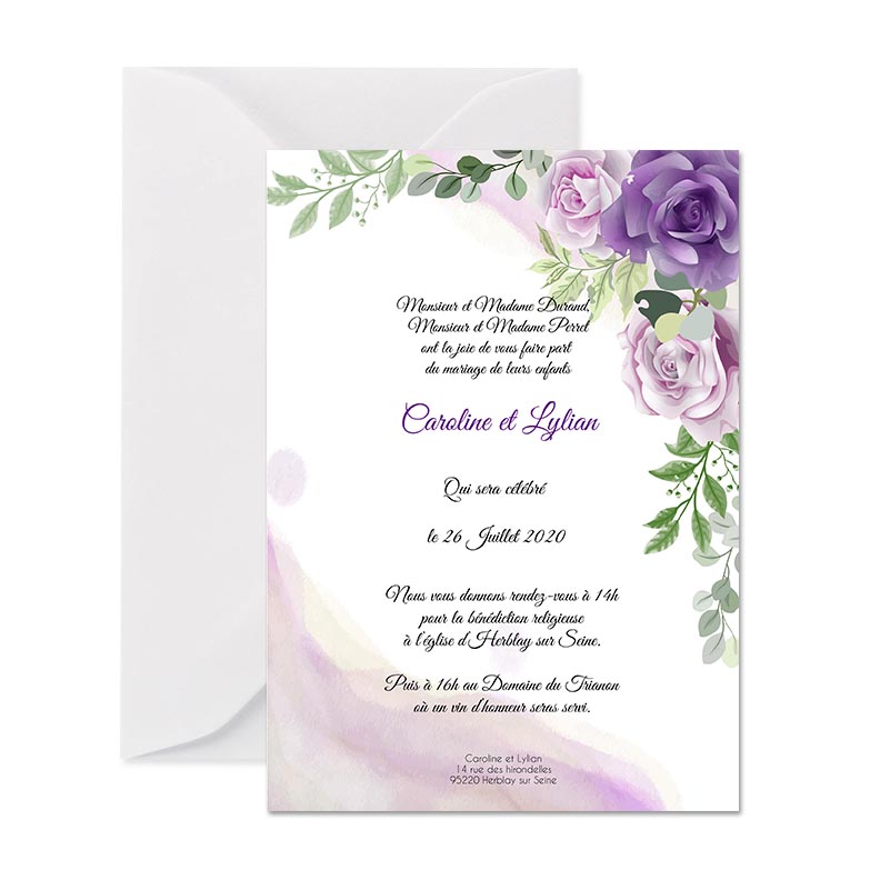 Faire-part de mariage - Floral aquarelle violet - FairePartUnique